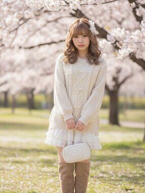 LIZ LISA hime gyaru cream cable knit pullover sweater w/bow detail